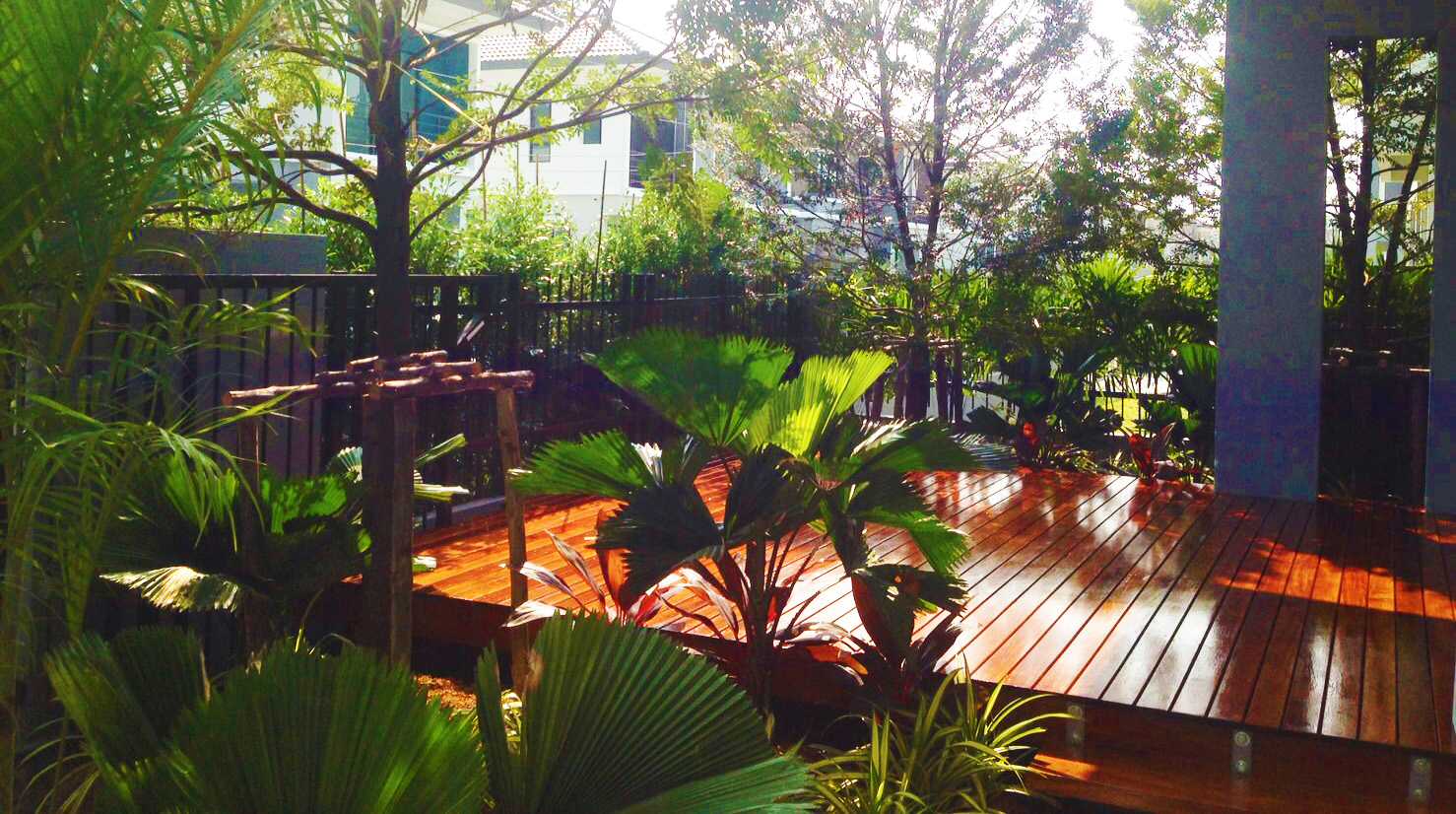Raised Redwood Deck and Tropical Garden - Thai Garden Design