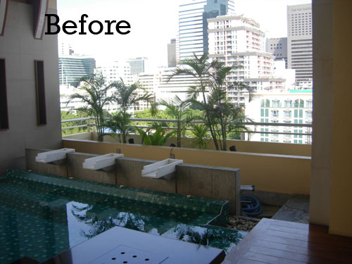 condo pool garden thailand tropical plants around pool