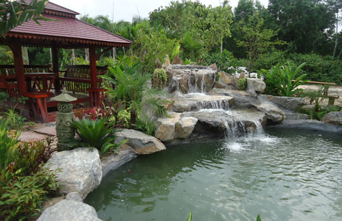 koi pond and waterfall thailand